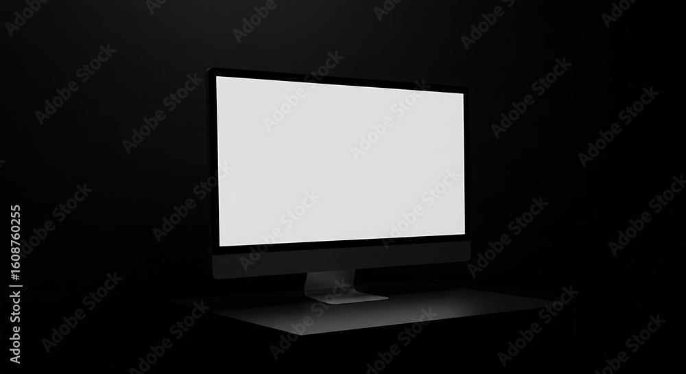 Fototapete a modern computer monitor with a blank white screen sits on a dark surface against a black backgroun
