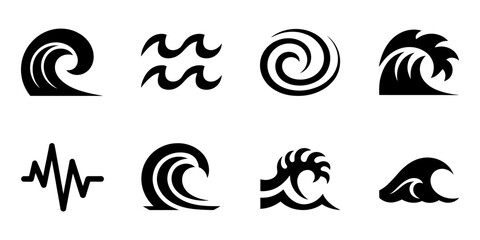 Black and White Ocean Wave Icon Set. Abstract Sea Wave, Water Ripple, Swirl, and Surf Silhouettes for Marine, Surfing, and Nautical Design Elements