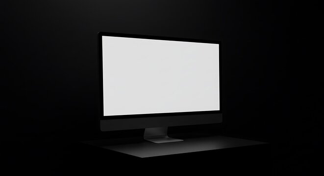 A modern computer monitor with a blank white screen sits on a dark surface against a black background.