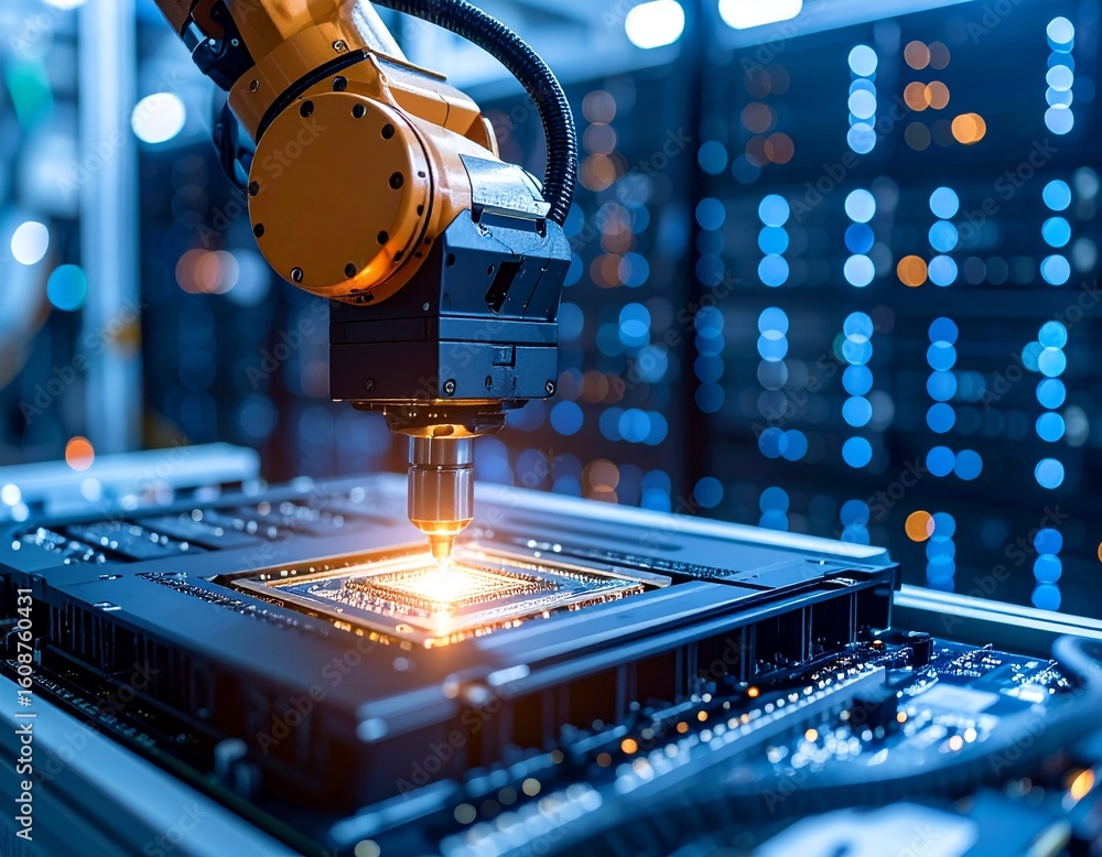 Aufkleber high-tech robotic arm soldering components on a circuit board in actio