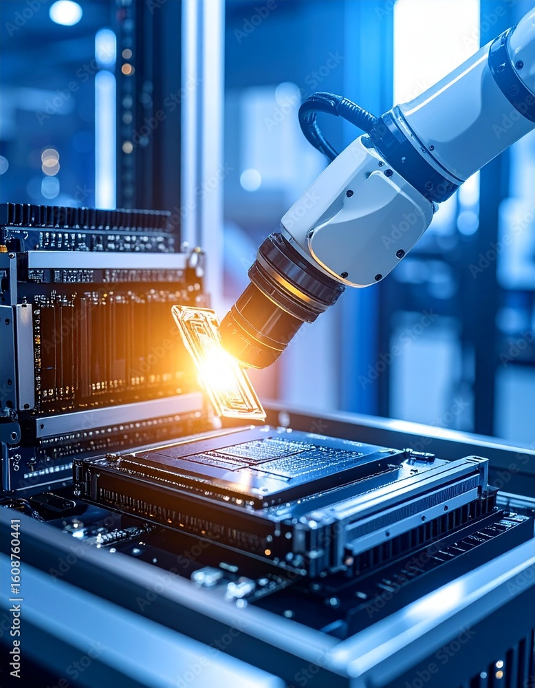 Poster robotic arm precision handling electronic components in factory
