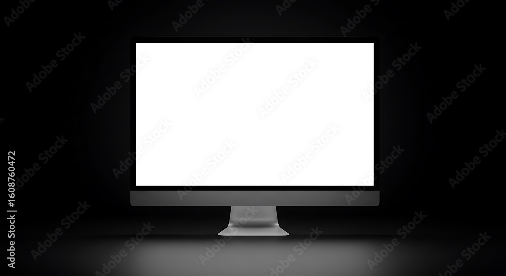 Aufkleber a modern computer monitor with a blank white screen sits centered against a dark background, illumin