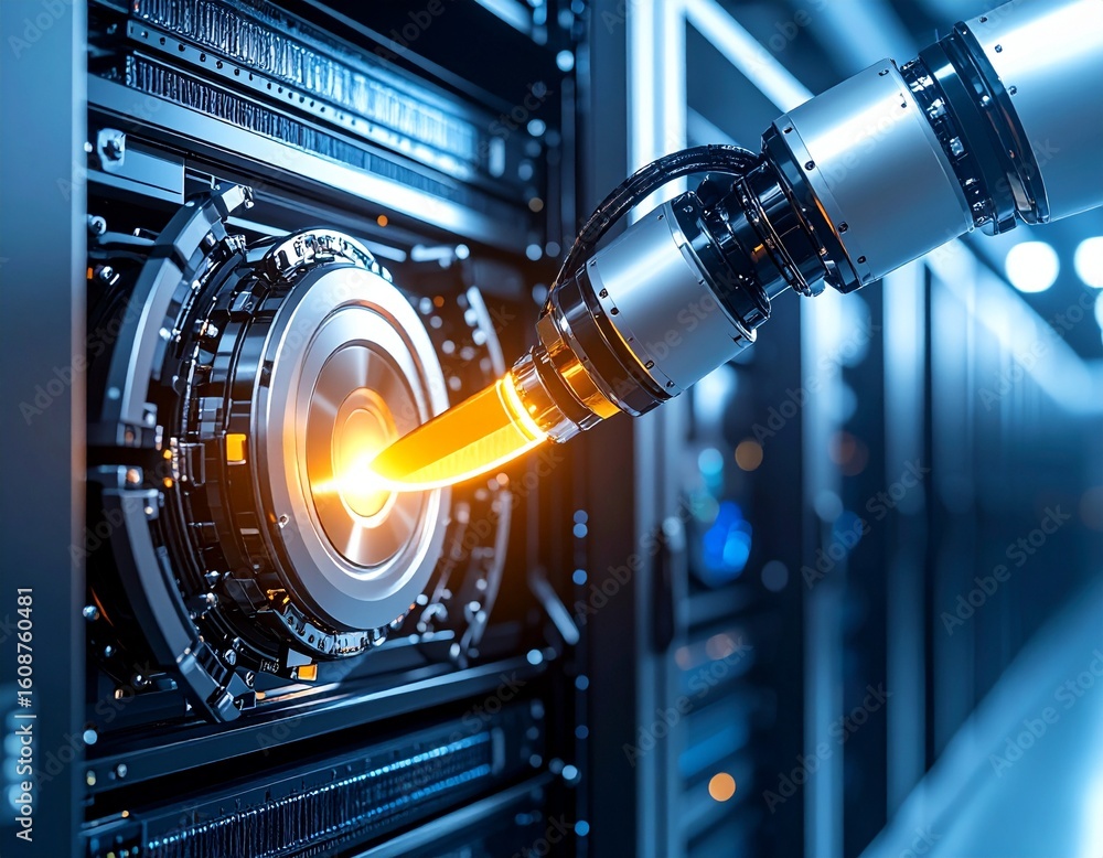 Aufkleber robotic arm performing precise work on a futuristic server system