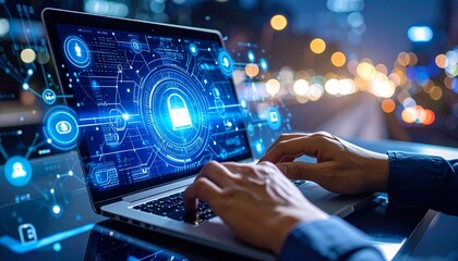 Hands typing on laptop with digital security interface at night