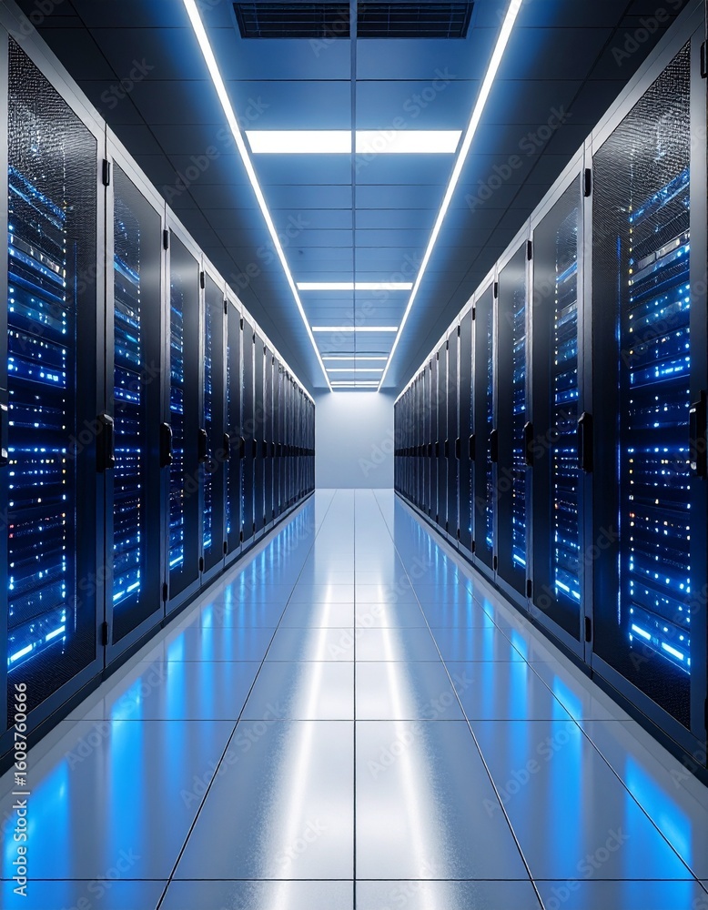 Poster Modern data center corridor with illuminated server racks and reflecti