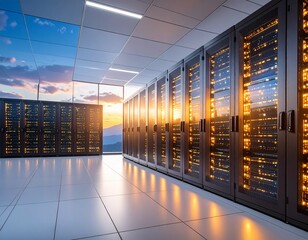 Modern data center with glowing servers at sunset creating sci-fi vibe