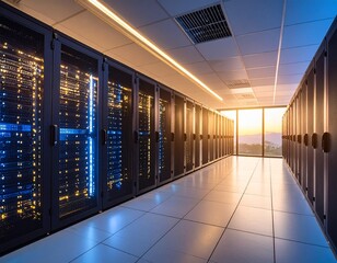 Modern server room illuminated by warm sunset light and cool tech