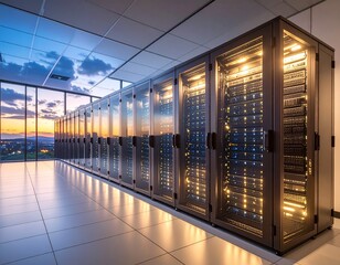 Modern server room with illuminated racks and stunning sunset view