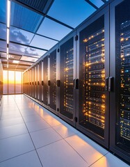 Server room at twilight with warm lights contrasting cool dusk sky