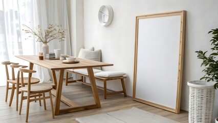 Bright Dining Room with Wooden Table, Chairs, Bench, and Blank Frame in a Modern Home