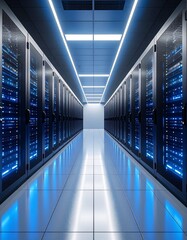 Modern data center corridor with illuminated server racks and reflecti