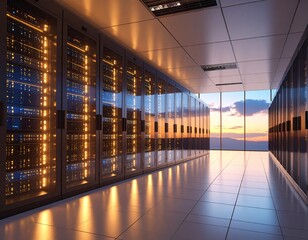 Modern server room with sunset view illuminating the interior space