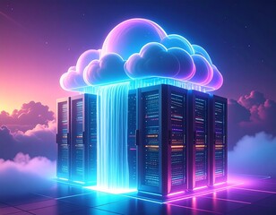 Futuristic cloud data server with waterfall effect and glowing lights