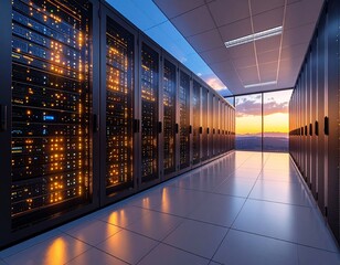 Modern server room with a breathtaking sunset view through the windows