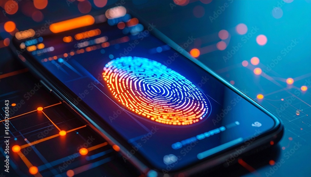 Aufkleber futuristic smartphone with vibrant fingerprint scanner display and ui