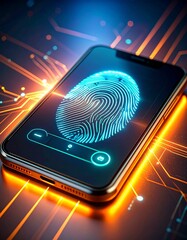 Futuristic smartphone with fingerprint scanning technology and UI elem