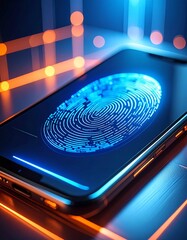 Close up of a smartphone with illuminated fingerprint scanner technolo