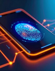 Futuristic smartphone displaying fingerprint technology with neon colo