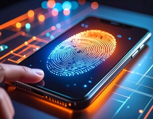 Futuristic smartphone with vibrant holographic fingerprint interface