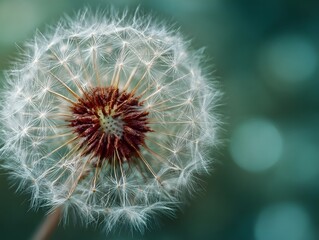 Fototapeta premium Dandelion seed head with white fluffy seeds, blurred green background, soft lighting.