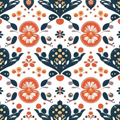 Fototapeta premium Vibrant folk art floral pattern with orange and blue motifs