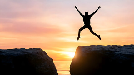 Fototapeta premium man silhouette jump between two cliffs