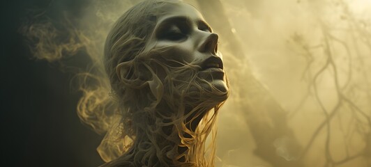 a light skeleton mummy , coming out of the smoke, generative AI