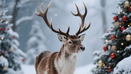 Majestic Deer with Antlers in a Snowy Winter Forest Surrounded by Christmas Trees and Ornaments