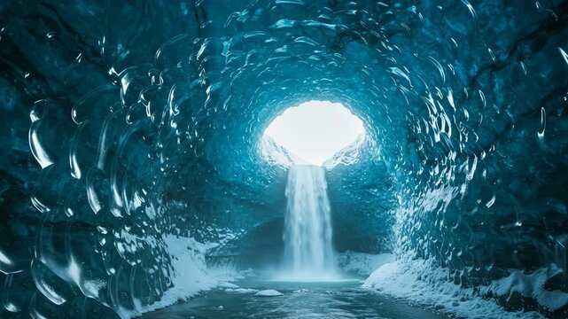 A hidden waterfall inside a glowing blue ice cave. Crystal walls reflect the cold light as water falls into a frozen basin. A surreal, mysterious winter scene captured in stunning photorealism.