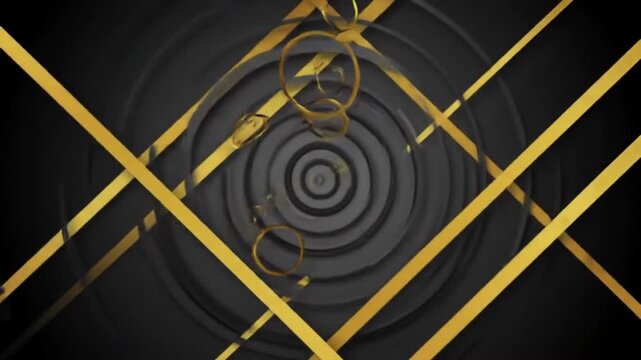 4K seamless loop of a dark abstract luxury background featuring concentric radio wave circles and diagonal golden lines on a black-grey gradient. 3D round rings add depth to this premium, minimal desi