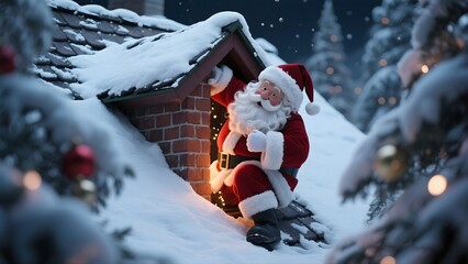 Santa Claus Climbing Roof in Snowy Winter Wonderland at Night