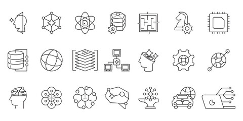 Artificial intelligence icon set, future technology for automation, assistance, prediction, suggestion and data processing deep learning