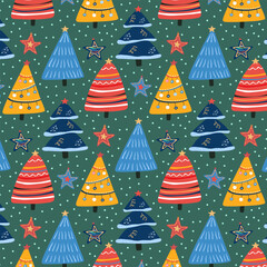 Christmas or New Year seamless pattern with fir trees and stars. Holiday graphics. Colorful winter design for wrapping paper.