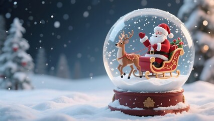 Santa Claus Figure in Snow Globe with Reindeer and Christmas Sleigh in Winter Landscape
