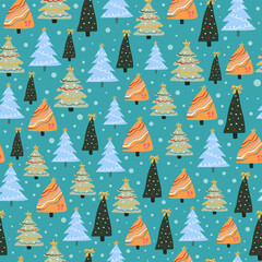Colorful festive pattern with Christmas trees and glittering details on light blue background for winter holiday design.