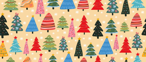 Seamless Christmas tree pattern with different colorful stylized fir trees and snowflakes on beige background for holiday decoration, background, cards, covers.