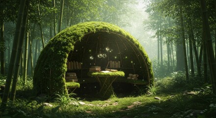 An old wooden door in a sun-drenched forest with a stone arch bridge over a reflective stream