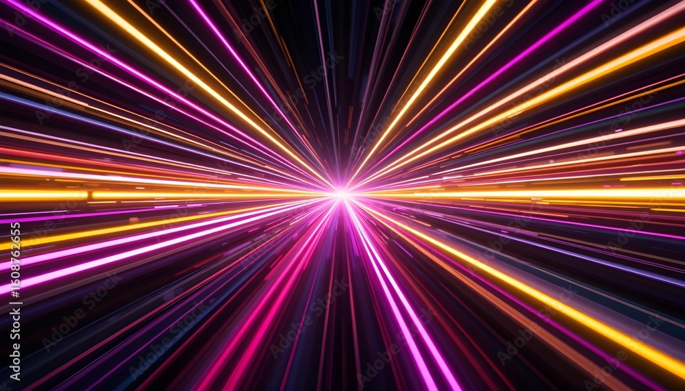Poster abstract light speed background with pink and gold lines converging at a central point of light