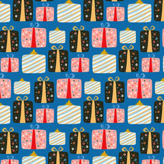Seamless pattern of colorful gift boxes on blue background with Christmas or birthday present.