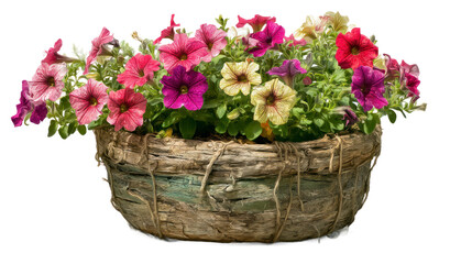Naklejka premium Colorful petunias in rustic planter