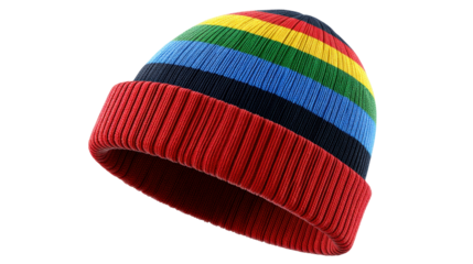 Colorful striped knit hat isolated on transparent background with warm red cuff