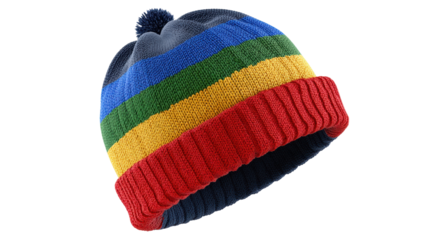 Colorful striped winter hat isolated on transparent background with warm knitted texture