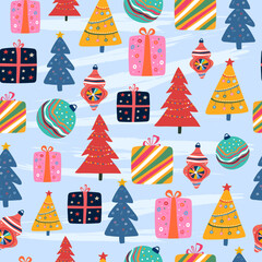 Seamless pattern with Christmas trees and colorful gift boxes for festive wrapping paper.