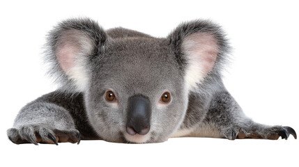Isolated koala on transparent background with soft fur and curious eyes lying flat