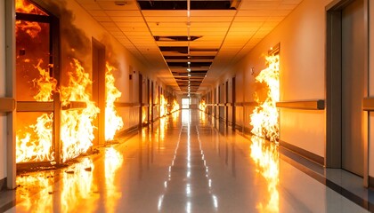 Hospital hallway engulfed in flames