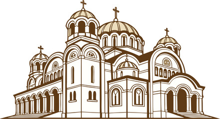 Fototapeta premium Elegant line art showcases a magnificent Serbian Orthodox Church, featuring iconic domes and crosses, ideal for projects on faith, culture, and history.