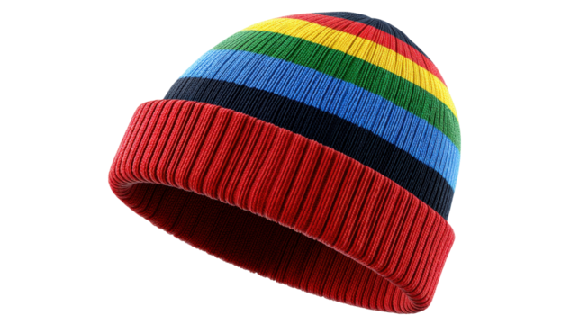 Colorful striped knit hat isolated on transparent background with warm red cuff