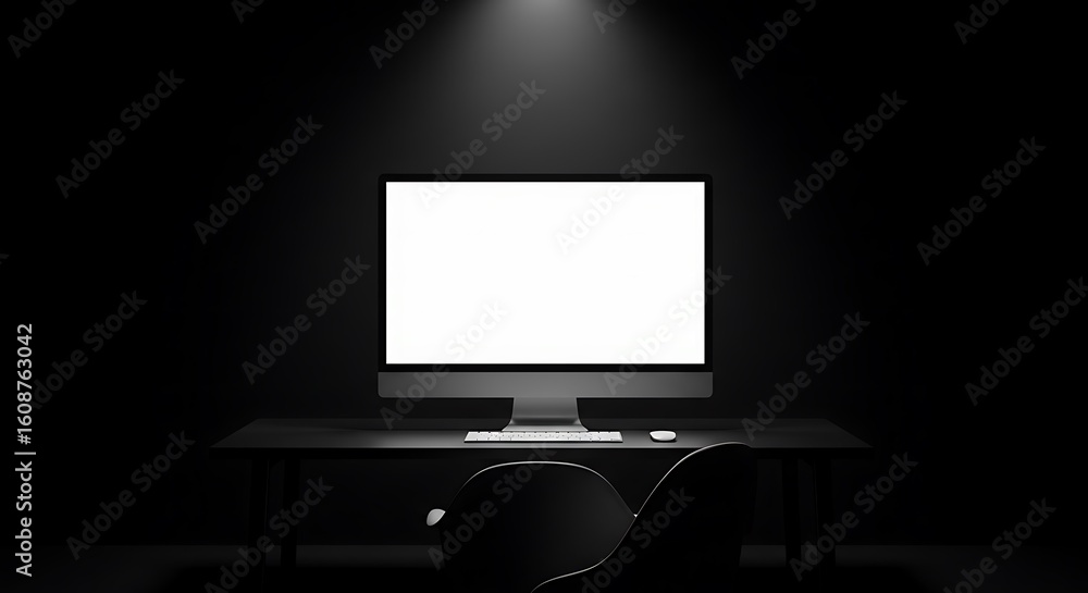 Poster a computer with a blank white screen sits on a desk in a darkened room, illuminated by a single spot