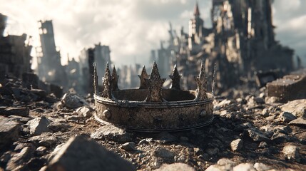 A fallen crown amidst ruins symbol of lost glory and broken kingdoms against soft daylight with a blurred