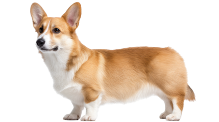 Isolated corgi dog standing on transparent background with alert expression and smooth fur